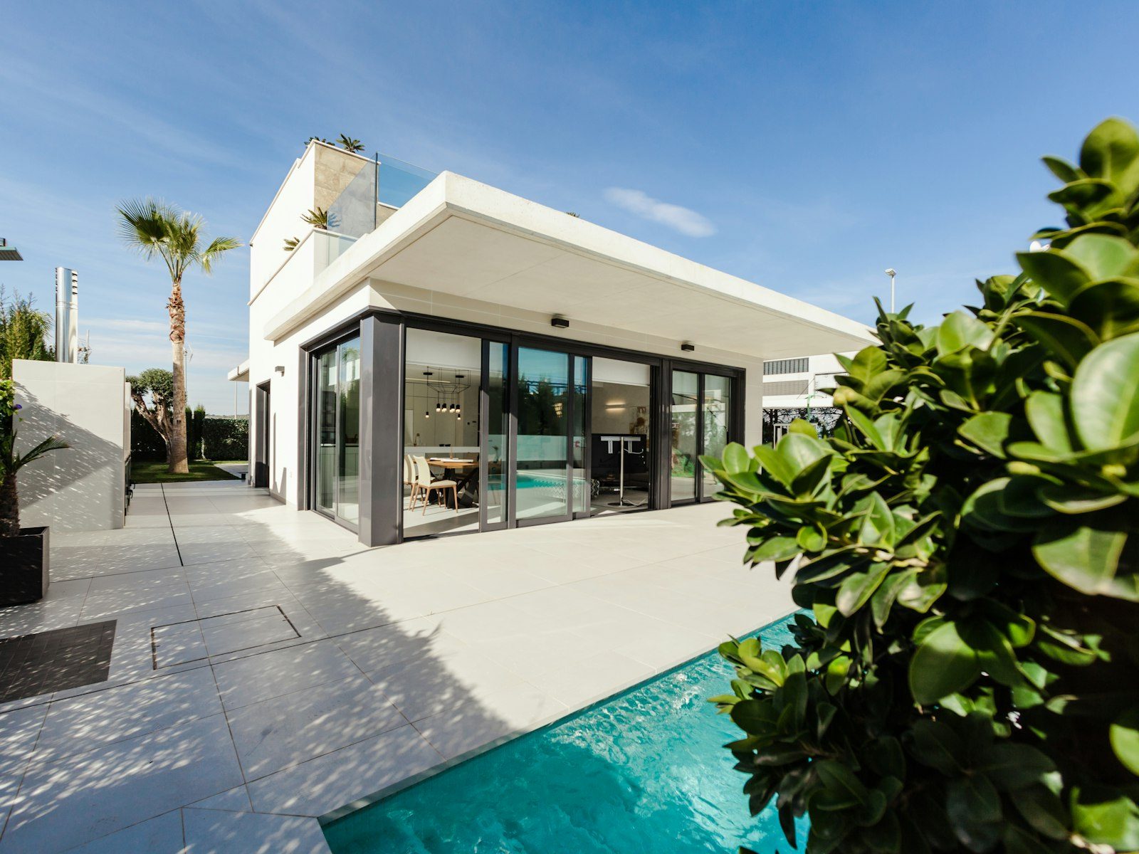 Single-storey villa with a pool terrace and palm trees
